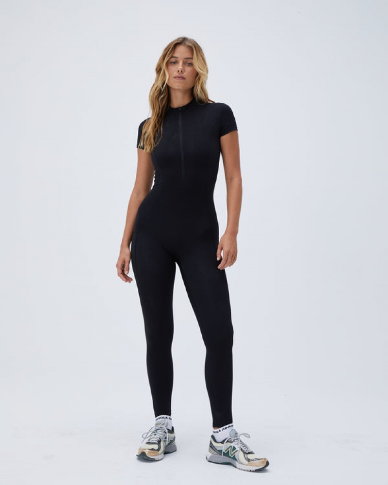 Adanola Ultimate Kort Sleeve Zip Front Pocket Unitard Sort | SN-ADA56637