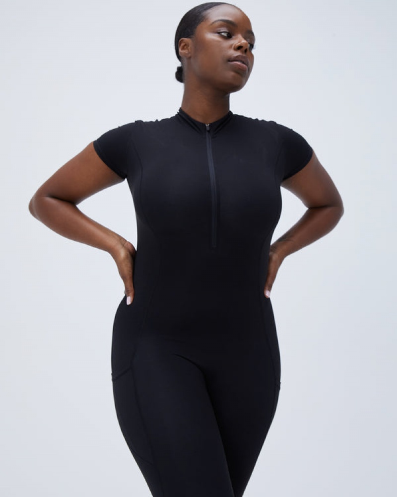 Adanola Ultimate Kort Sleeve Zip Front Pocket Unitard Sort | SN-ADA56637